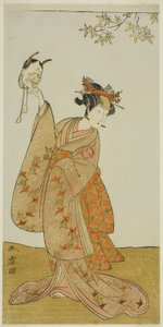 Näyttelijä Segawa Yujiro I Matsukazena, Togashi no Saemonin sisarena näytelmässä Gohiiki Kanjincho (Suosikkinäytelmäsi Kanjincho [tilausluettelo]), esitettiin Nakamura-teatterissa yhdennentoista kuukauden ensimmäisestä päivästä, 1773 tekijältä Katsukawa Shunsho