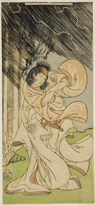 Näyttelijä Yamashita Kinsaku II ukkonenjumalattarena näytelmässä Onna Narukami, esitettiin Morita-teatterissa ensimmäisenä kuukautena, 1770 tekijältä Katsukawa Shunsho