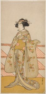 Näyttelijä Yoshizawa Iroha I Tamamo no Maen (?) roolissa näytelmässä Sakuya Kono Hana no Kaomise (?), joka esitettiin Nakamura-teatterissa (?) yhdestoista kuukaudessa, 1776 (?) tekijältä Katsukawa Shunsho