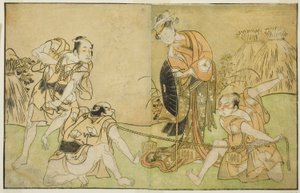 Näyttelijät Bando Zenji I Nagahashi Saburona, Iwai Hanshiro IV Otatsu-gitsuneena, Nakamura Konozo Hagai Ujitsunena ja Tuntematon näyttelijä (oikealta vasemmalle), näytelmässä Nue no Mori Ichiyo no Mato, esitettiin Nakamura-teatterissa Yhdestoista kuukausi, tekijältä Katsukawa Shunsho