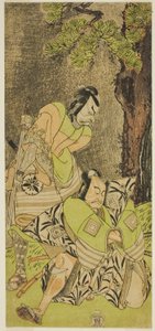Näyttelijät Ichikawa Danzo III I no Hayata Tadazumina (oikealla) ja Matsumoto Koshiro II Osada no Taro Kagemunena (vasemmalla), näytelmässä Nue no Mori Ichiyo no Mato, esitettiin Nakamura-teatterissa yhdestoista kuukaudessa, 1770 tekijältä Katsukawa Shunsho