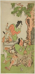 Näyttelijät Ichikawa Danzo III I no Hayata Tadazumina (oikealla) ja Matsumoto Koshiro II Osada no Taro Kagemunena Naamioituna Yatsurugi Zaemoniksi (vasemmalla), näytelmässä Nue no Mori Ichiyo no Mato, joka esitettiin Nakamura-teatterissa yhdestoista kuukau tekijältä Katsukawa Shunsho