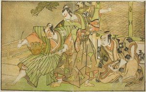 Näyttelijät Ichikawa Komazo II: Minamoto no Yorimasa (oikealla), Matsumoto Koshiro II Osada no Taro Kagemunena Naamioituna Yatsurugi Zaemoniksi (keskellä) ja Ichikawa Danzo III I no Hayata Tadazumina (vasemmalla), Näytelmässä Nue no Mori Ichiyo no Mato, es tekijältä Katsukawa Shunsho