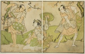 The Actors Ichikawa Somegoro (right), Segawa Kikunojo II (center), and Bando Sampachi (left), in Unidentified Roles in the Play Myoto-giku Izu no Kisewata, Performed at the Ichimura Theater in the Eleventh Month, 1770 tekijältä Katsukawa Shunsho