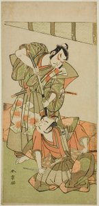 Näyttelijät Ichikawa Yaozo II Konoshita Hyokichina (?) (oikealla) ja Sakata Hangoro II Matsunaga Daizen Hisahidena (?) (vasemmalla), näytelmässä Gion Sairei Shinko Ki (?), esitetään Ichimura-teatterissa (?) vuonna viides kuukausi, 1775 (?) tekijältä Katsukawa Shunsho