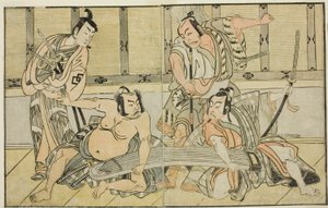 Näyttelijät Ichikawa Yaozo II Kujaku no Saburona, Matsumoto Koshiro II Hata no Daizen Taketorana, Nakajima Mihoemon II Aramaki Mimishirona ja Nakamura Shocho I Ki no Tsurayukina (oikealta vasemmalle), näytelmässä Kuni no Hana Ono no Itsumoji, Esitetty klo  tekijältä Katsukawa Shunsho