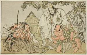 Näyttelijät Nakajima Mihoemon II Aramaki Mimishirona (oikealla), Matsumoto Koshiro II Otomo no Yamanushina (keskellä) ja Ichikawa Danzo III Hannya no Gorona (vasemmalla), näytelmässä Kuni no Hana Ono no Itsumoji, esitettiin Nakamura-teatterissa. yhdestoist tekijältä Katsukawa Shunsho
