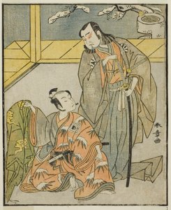 Näyttelijät Nakamura Denkuro II Suma no Dairyona (oikealla) ja Ichikawa Komazo II Ariwara no Yukihirana (vasemmalla), näytelmässä Kuni no Hana Ono no Itsumoji, esitettiin Nakamura-teatterissa yhdestoista kuukaudessa, 1771 tekijältä Katsukawa Shunsho