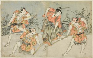Näyttelijät Nakamura Kashiwagi Wakashuna (toinen oikealta) ja kolme tunnistamatonta näyttelijää Yakkona tekijältä Katsukawa Shunsho