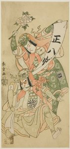 Näyttelijät Nakamura Nakazo I ja Ichikawa Komazo I tanssikohtauksessa "Shakkyo" ("Kivisilta") näytelmässä "Ima o Sakari Suehiro Genji" ("Genji-klaani nyt sen zenitissä"), esitettiin Nakamura-teatterissa yhdennentoista kuukauden ensimmäisestä päivästä, tekijältä Katsukawa Shunsho