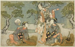 Näyttelijät Nakamura Nakazo I Matsukazena (oikealla), Ichikawa Komazo II Ariwara no Yukihirana (keskellä) ja Iwai Hanshiro IV Murasamena (vasemmalla), näytelmässä Kuni no Hana Ono no Itsumoji, esitettiin Nakamura-teatterissa 11. Kuukausi, 1771 tekijältä Katsukawa Shunsho