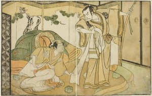 Näyttelijät Nakamura Nakazo I Taira no Kiyomorina (oikealla) ja Yamashita Kinsaku II Tokiwa Gozenina (vasemmalla), näytelmässä Nue no Mori Ichiyo no Mato, esitettiin Nakamura-teatterissa yhdestoista kuukaudessa, 1770 tekijältä Katsukawa Shunsho
