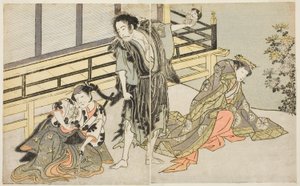 Näyttelijät Nakamura Noshio I Nyosan no Miyana (oikealla), Ichikawa Danjuro V Renegade-munkki Yochinina (keskellä) ja Yamashita Kinsaku II Maid Mutsuhanana (vasemmalla), näytelmässä Fuki Kaete Tsukimo Yoshiwara, joka esitetään Morita-teatterissa. yhdestois tekijältä Katsukawa Shunsho