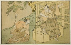 Näyttelijät Onoe Matsusuke I Akaboshi Tarona (oikealla) ja Azuma Tozo II Shirotaena (vasemmalla), näytelmässä Kono Hana Yotsugi no Hachi no Ki, esitettiin Ichimura-teatterissa yhdestoista kuukaudessa, 1771 tekijältä Katsukawa Shunsho