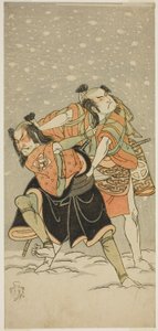Näyttelijät Otani Hiroji III Kameona (oikealla) ja Sakata Sajuro I Ariona (vasemmalla) näytelmässä Hime Komatsu Ne no Hi Asobi, joka esitettiin Ichimura-teatterissa yhdeksännessä kuussa, 1768 tekijältä Katsukawa Shunsho