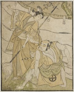 Näyttelijät Otani Tomoemon I Emoheina (oikealla) ja Sanogawa Ichimatsu II Sanada Yoichina (vasemmalla), näytelmässä Myoto-giku Izu no Kisewata, esitettiin Ichimura-teatterissa yhdestoista kuukaudessa, 1770 tekijältä Katsukawa Shunsho