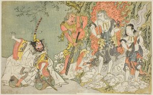 Näyttelijät Sawamura Kijuro I Ikazuchi Shinnona, Prince of Thunder (äärivasemmalla), Ichikawa Danjuro V buddhalaisena jumaluutena Fudona (toinen vasemmalta), Nakamura Sukegoro II Seitaka Dojina (toinen oikealta) ja Bando Mitsugoro I Kongara Dojina (äärioik tekijältä Katsukawa Shunsho