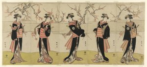 Näyttelijät Segawa Kikunojo III Karigane Obunina, Nakayama Tomisaburo I An no Oyasuna, Iwai Kiyotaro II Kaminari no Oshana, Nakayama Tatezo I Gokuin no Osenina ja Ichikawa Monnosuke II Hotei no Oichina (oikealta vasemmalle), elokuvassa "Gonin" Onna", kohta tekijältä Katsukawa Shunsho