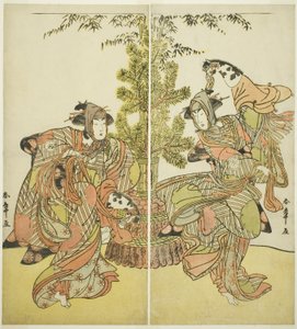 Näyttelijät Segawa Kikunojo III Yasukatana (oikealla) ja Iwai Hanshiro IV Utouna (vasemmalla) näytelmässä Godai Genji Mitsugi no Furisode, joka esitettiin Nakamura-teatterissa yhdestoista kuukaudessa, 1782 tekijältä Katsukawa Shunsho