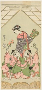 Näyttelijät Segawa Kikunojo II: Märkähoitaja Reizei, Ichikawa Komazo I Suruga no Hachirona Shamisen-soittimen Kichirokun varjossa (oikealla) ja Ichikawa Yaozo II Tada no Kurandona Palanquin Bearer Kichinain varjossa (vasemmalla). kohtauksessa tekijältä Katsukawa Shunsho