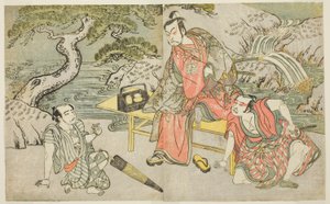 Näyttelijät Tomizawa Hanzaburo II Nagoya Sanzaemonina (kutsutaan usein Sanzaksi) (oikealla), Nakamura Juzo II Fuwa Banzaemonina (keskellä) ja Tuntematon näyttelijä taskuvarkaana Matsumoto Daishichi (vasemmalla), näytelmässä Fuki Kaete Tsukimo Yoshiwara, Es tekijältä Katsukawa Shunsho