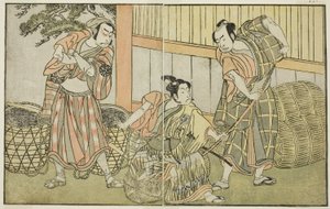 Näytelmä Kuni no Hana Ono no Itsumoji, esitetty Nakamura-teatterissa yhdentenätoista kuukautena, n.1772 (puupiirros). tekijältä Katsukawa Shunsho