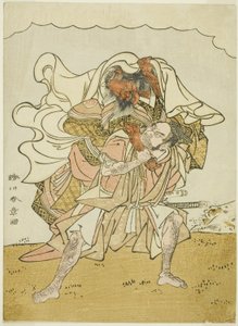 Soturi Omori Hikoshichi kantamassa naisdemonia selässään
