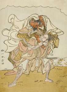 Soturi Omori Hikoshichi kantamassa naisdemonia selässään, n. 1772 (värillinen puupainatus; chuban) tekijältä Katsukawa Shunsho