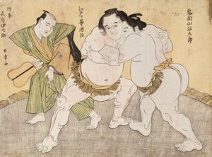 Painiottelu Kimenzan Tanigoron ja Edogasaki Gemjin välillä (värillinen puupainatus) tekijältä Katsukawa Shunsho