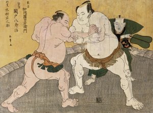 Painiottelu Kimenzan Tanigoron ja Edogasaki Gemjin välillä (värillinen puupainatus) tekijältä Katsukawa Shunsho