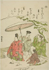 "Tsu": Narihira lumessa Onossa, sarjasta Tales of Ise in Fashionable Brocade Pictures (Furyu nishiki-e Ise monogatari) tekijältä Katsukawa Shunsho