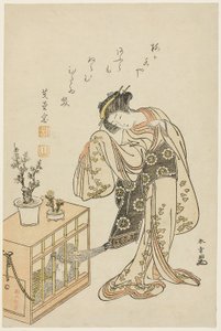Young Woman with a Caged Monkey (Kalenteripainatus uudelle vuodelle 1776) tekijältä Katsukawa Shunsho