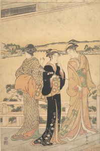 Kolme naista verannalla näköalalla lahdelle, 1800-luvun loppu.
