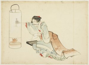 Lady Adjusting a Lamp, n. 1815-1849 (muste ja väri paperille) tekijältä Katsushika (school of) Hokusai