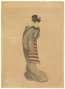 Standing Beauty (takanäkymä), n. 1850 (muste ja väri paperille) tekijältä Katsushika (school of) Hokusai