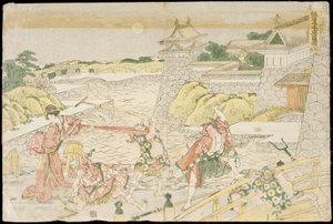 Näytelmän Kanadehon Chūshingura kolmas näytös, ”Kana-kirja uskollisten vasallien aarteelle” tekijältä Katsushika Hokusai