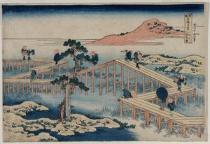 Una imatge antiga del pont de vuit parts a la província de Mikawa (de la sèrie Curious Views of Famous Bridges in the Provinces) finès tekijältä Katsushika Hokusai
