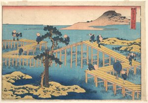 Mikäwan maakunnan Yatsuhashin vanha näkymä (Mikawa no Yatsuhashi no kozu), sarjasta ”Eri maakuntien merkittävimmät siltanäkymät” (Shokoku meikyō kiran) tekijältä Katsushika Hokusai