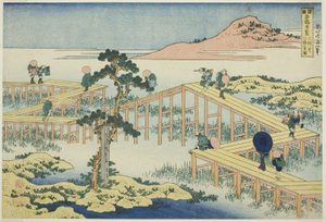 Muinainen näkymä kahdeksan lankkuiselle sillalle Mikawan maakunnassa (Mikawa no Yatsuhashi no kozu), sarjasta "Epätavallisia näkymiä kuuluisista silloista eri maakunnissa (Shokoku meikyo kiran)" tekijältä Katsushika Hokusai