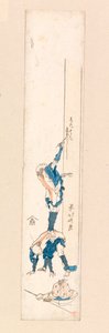 Taiteilija seisoo miehen selässä ja kirjoittaa pylvääseen, n. 1820 (värillinen puupiirros) tekijältä Katsushika Hokusai