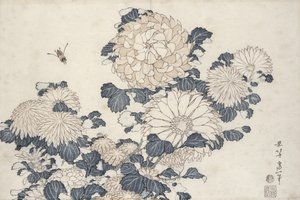 Mehiläinen ja krysanteemit sarjasta "Big Flowers" (värillinen puupainatus) tekijältä Katsushika Hokusai