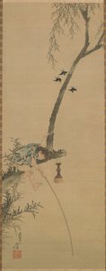 Poika kalastamassa puun oksasta, Edo-kausi, 1839. tekijältä Katsushika Hokusai