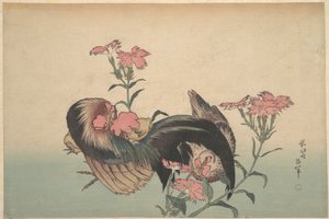 Kukko, kana ja Nadeshiko (Dianthus Superbus) tekijältä Katsushika Hokusai