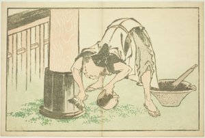 Temppelissä työskentelevä käsityöläinen Hokusain realististen maalausten kuvakirjasta (Hokusai shashin gafu) tekijältä Katsushika Hokusai