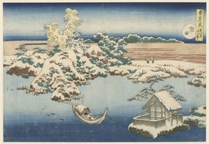 Sumida-joki lumessa Sumida (otsikko esineessä) Lumi, kuu ja kukat (sarjan nimi) Setsugekka (sarjan nimi esineellä) tekijältä Katsushika Hokusai