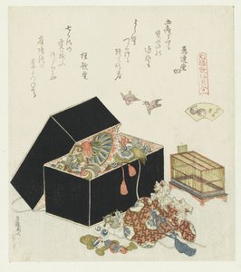 Varpusen kuori Suzumegai (otsikko esineessä) Genroku-runojen ja kuorien vertailu (sarjan nimi) Genroku kasen kaiawase (sarjan nimi esineellä) tekijältä Katsushika Hokusai