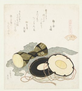 Ploverin kuori Chidorigai (otsikko esineessä) Genroku-runojen ja kuorien vertailu (sarjan nimi) Genroku kasen kaiawase (sarjan nimi esineellä) tekijältä Katsushika Hokusai