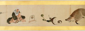 Yksityiskohta käsirullasta erilaisilla kuvilla, Edo-kausi, 1839 muste ja väri paperille tekijältä Katsushika Hokusai