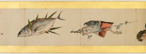 Yksityiskohta käsirullasta erilaisilla kuvilla, Edo-kausi, 1839 muste ja väri paperille tekijältä Katsushika Hokusai
