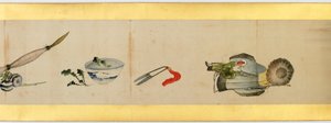 Yksityiskohta käsirullasta erilaisilla kuvilla, Edo-kausi, 1839 muste ja väri paperille tekijältä Katsushika Hokusai